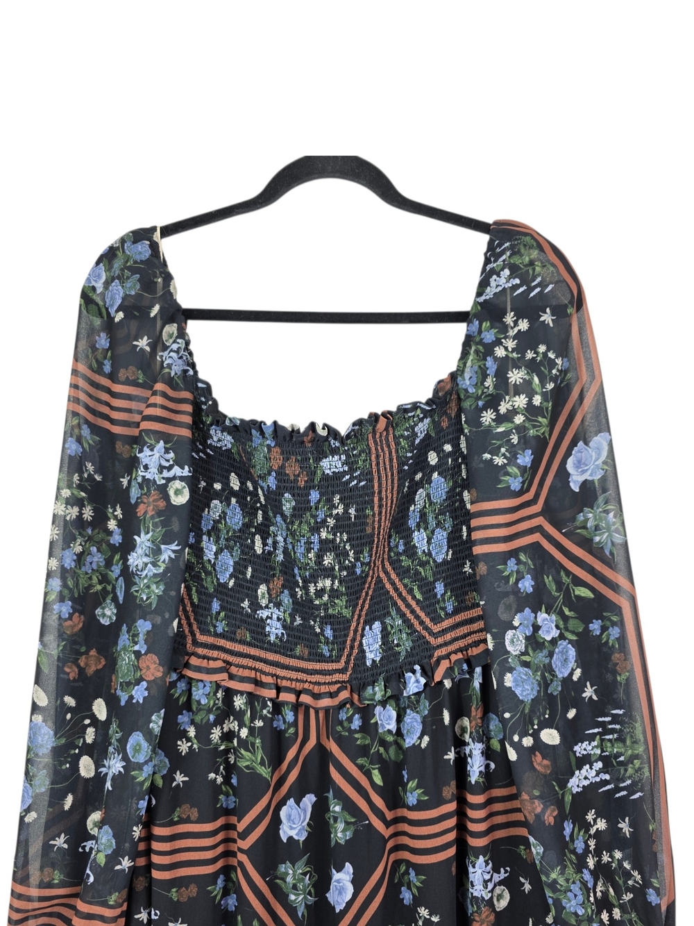 Wilfred Smocking upper Maxi Dress Blue Floral Print and Brown Stripe Accents - Picture 5 of 9